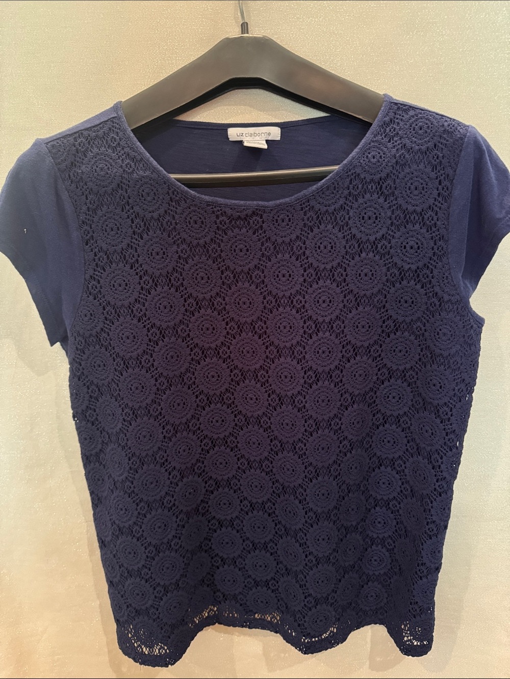 Liz Claiborne Navy Crochet Front Short Sleeve Top
